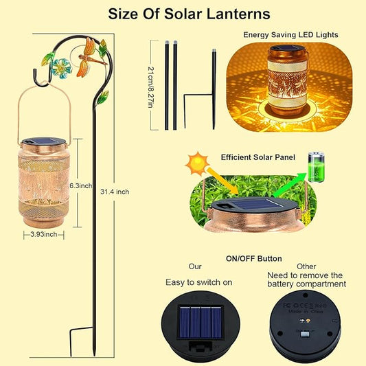 2 Pack Dragonfly Solar Lanterns Outdoor Waterproof Solar Garden Decor, Birthday Gifts for Mothers Day Women Mom Grandma, Metal Hanging Lights with Shepherd Hook for Outside Yard Patio Pathway Porch