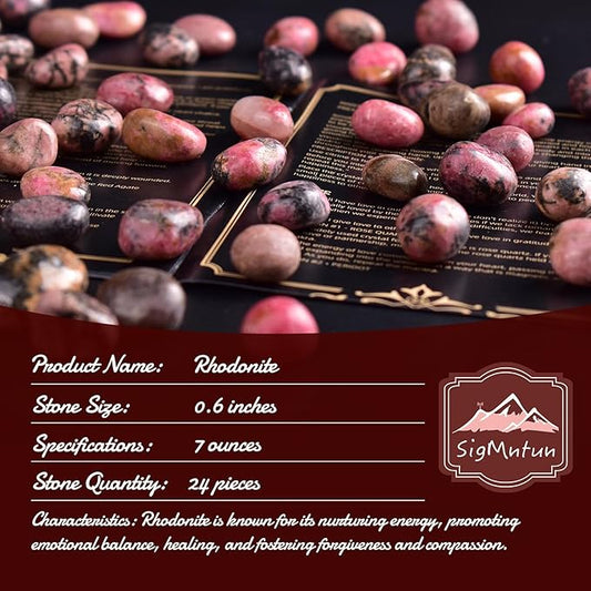 Rhodonite Healing Crystal Stone Set - 24 Pieces, 0.6" Natural & Polished Stones for Healing, Meditation, Reiki, Chakra, Crafting & Decoration