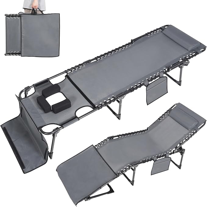 MUPATER Patio Chaise Lounge Chair for Outdoor with Face Hole, 4-Fold Adjustable Backrest, Removable Pillow and Detachable Pocket, Portable Sun Lounger Recliner for Beach, Camping and Pool, Grey