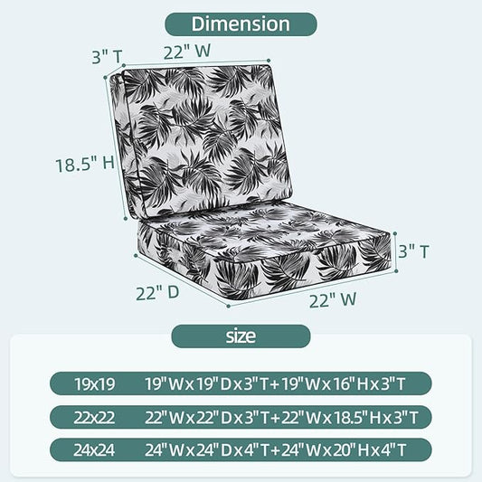 Favoyard Deep Seat Patio Cushion 22 x 22 x 3 in Waterproof Seat & Back Cushion Set with Color Fade Resisitant Pattern, Portable Handle, Attach Straps, Zipper on Removable Cover for Outdoor Furniture