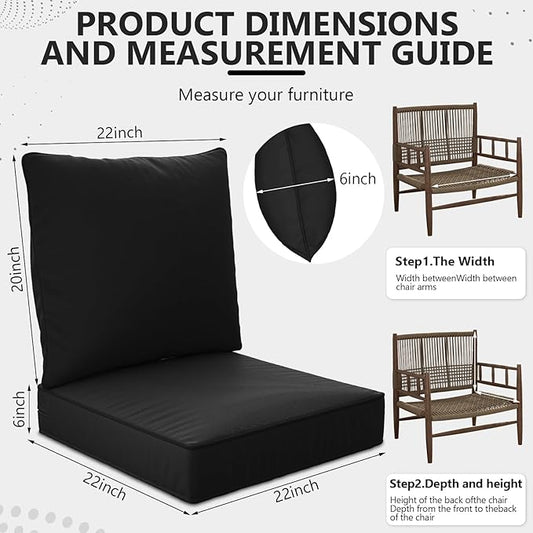 22" x 22" x 6" Outdoor Deep Seat Cushions Set - 2 Set Waterproof & Fade Resistant Patio Furniture Replacement Cushions, Non-Slip Outdoor Cushions Fit Loveseats, Couches, Chairs, and Sofas.
