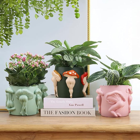 GUGUGO Unique Mushroom Lady Body Plant Pots, Cute Quirky Indoor Planters, Boho Funky Eclectic Home Decor, Mushroom Lady Butt Flower Pots, Succulent Planter, Modern Aesthetic for Decorating, Pink