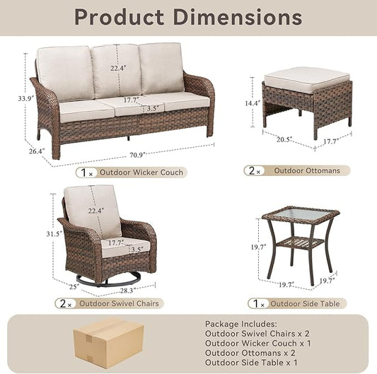 6 Piece Outdoor Patio Wicker Furniture Sets-High Back Patio Conversation Set with Rattan Sofa, Wicker Swivel Rocker Patio Chairs and Thick Cushions Ottomans for Porch Balcony Patio Deck Brown/Beige