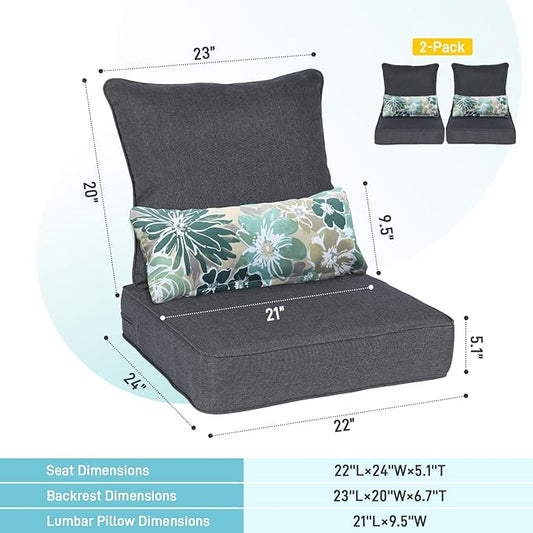 Aoodor Outdoor Chair Cushion, 22 x 24 Inch Water-Resistant, Fade-Resistant Olefin Frbric Patio Seat Cushions with Removable Cover and Adjustable Straps for Outdoor Furniture, Set of 2, Charcoal