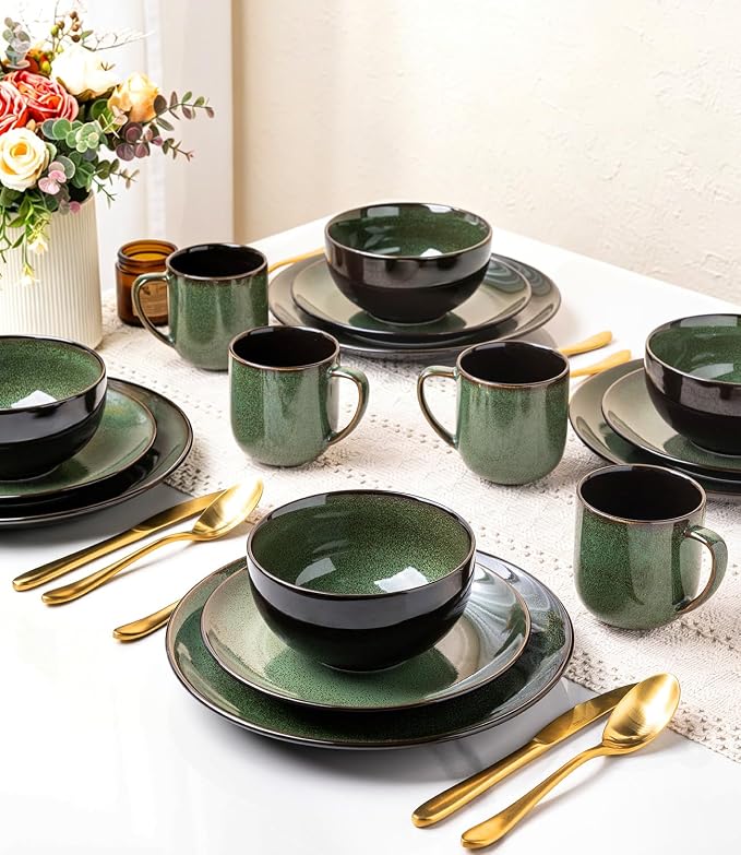 LERATIO Ceramic Dinnerware Sets for 4,16-Piece Reactive Glaze Plates and Bowls Set with Mugs,Highly Chip and Crack Resistant | Dishwasher,Microwave & Oven Safe Dishes set-Green