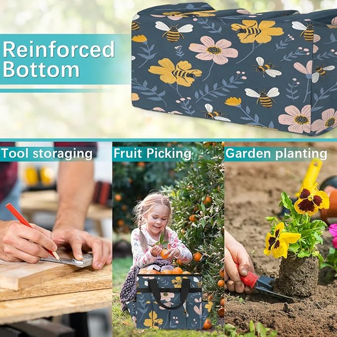 Garden Tote Bag with Pockets Bee Flower Gardening Bags for Tools Organizer Heavy Duty Storage Bag with Handle for Lawn Yard Casual