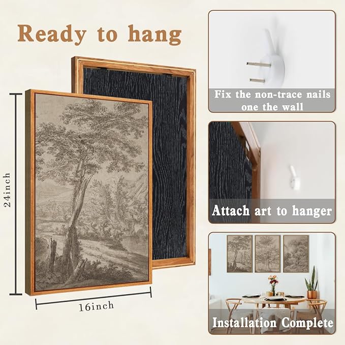 Anyzal Large Vintage Tree Sketchbook Wall Art 16x24 Inch Framed Neutral Forest Landscape Minimalist Woodsy Artwork for Living Room Bedroom Office Set of 3