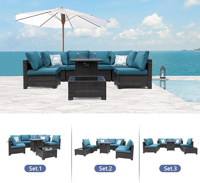 8 Pieces Patio Sets with 28" Gas Fire Pit Table Wicker Rattan Outdoor Furniture Set Conversation Set with Garden,Balcony,Pool, Deck (Brown & Peacock Blue, 8pcs Set)
