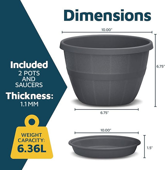 10-Inch Whiskey Barrel Planters Outdoor Pack of 2 - Durable Plastic Plant Pots for Indoor & Outdoor Use with Drainage & Saucer, Lightweight Rustic Barrel Planters for Flowers, Herbs & Small Plants