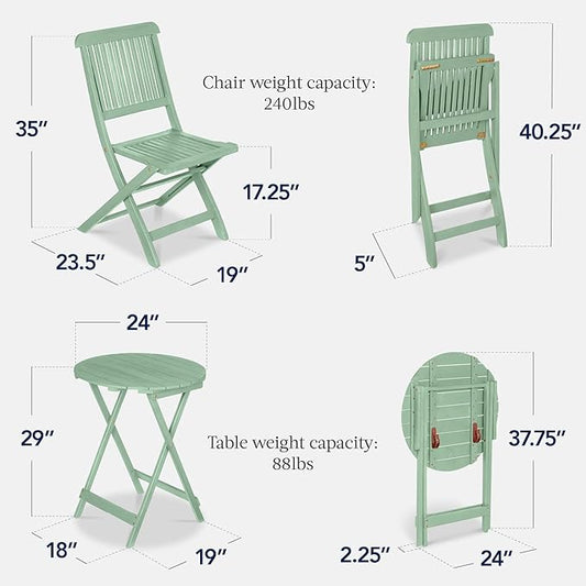 Best Choice Products 3-Piece Acacia Wood Bistro Set, Folding Patio Furniture for Backyard, Balcony, Deck w/ 2 Chairs, Round Coffee Table, Teak Finish - Mint