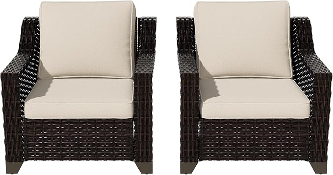 VistaVibe 2 Pieces Outdoor Armchairs, Patio Conversation Furniture Set, Washable Cushions, Luxurious Hand-Woven PE Rattan, Garden, Bistro, Deck, Backyard (Brown/Beige)