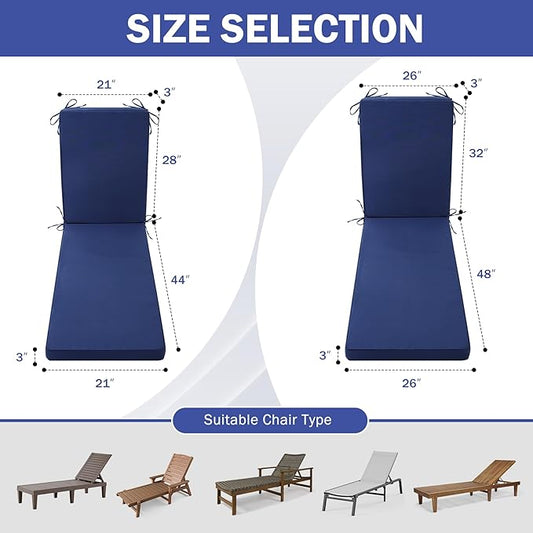 Chaise Lounge Cushions Outdoor, Waterproof Lounge Chair Cushion, 72x 21x 3 Inch Outdoor Chair Cushions with Ties, High-Density Foam Patio Lounge Chair Pads for Lawn, Pool & Beach, Navy