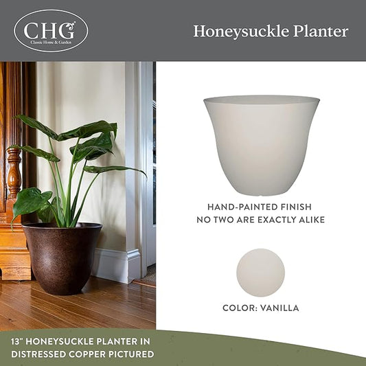 Classic Home and Garden by Growscape Honeysuckle Resin Planters - Lightweight Indoor & Outdoor Plant Pots - UV-Resistant Plastic Flower Pots - Pot Planters for Flowers & Herbs (13" Vanilla White)