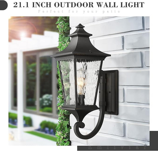 Emliviar 21.1 Inch Farmhouse Outdoor Wall Sconce,1 Light Exterior Wall Lighting in Black Finish Frame, Water Ripple Glass Shade, XE292UB-M SW BK