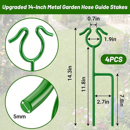 4 Pack Garden Hose Guide Stakes, 14 inch Metal Hose Guides for Garden Heavy Duty Rustproof Coated Spike Keeps Water Hose Out of Flower Beds Outside Lawn & Yard Plant Protection (Green)
