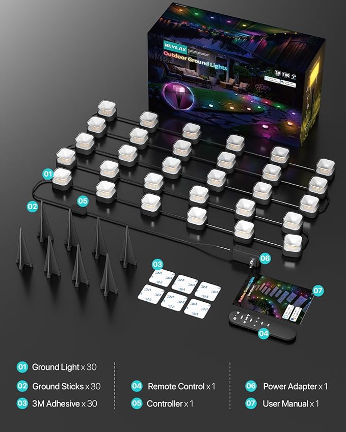 REYLAX 100FT Outdoor Ground Lights 30 Pack, RGB+IC Garden Lights with Warm and Cool White, IP67 Waterproof Pathway Light, Music Sync, Timing, App & Remote Control, Works with Alexa Google Assistant