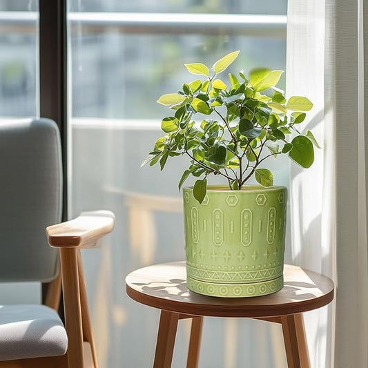 8 Inch Plant Pots - Ceramic Planter for Indoor Plants Outdoor, Round Ceramic Flower Pots with Drainage Hole and Saucer, Boho Decorative Planter, Home Bedroom Decor, Birthday Gifts, Green
