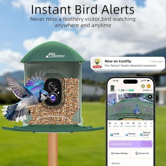 Upgraded Smart Bird Feeder with 4MP HD Camera, Birdwatching Camera with AI Identify Birds & Solar Panel for Outdoors, Auto Video Capture & Instant Notifications, Forest Green