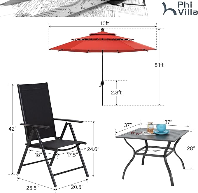 PHI VILLA 5 Pcs Patio Dining Set with Umbrella (Orange Red), Outdoor Table and Chairs Set with Folding Patio Chairs Adjustable & Square Metal Dining Table for Yard, Garden and Deck