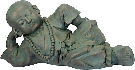 Design Toscano Resting Serene Baby Monk Asian Boy Garden Statue, 24 inches Wide, 12 inches Tall, Cast Stone Resin, Green Bronze Finish
