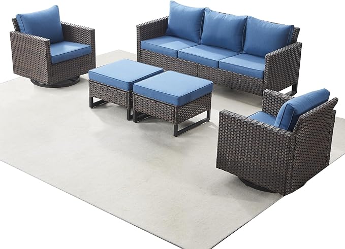 Rilyson Wicker Outdoor Patio Furniture Set - 5 Piece Patio Conversation Set with 2 Swivel Rocker Chairs,2 Rattan Ottoman and 1 Couch for Outside Porch Deck Backyard Garden(Brown/Blue)