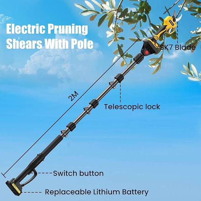Electric Pruning Shears Cordless with 8FT Pole, Max Cutting Diameter 2.7 inch, 21V 2 * 2Ah, 1000w Brushless Motor, Working time 6-10 h, Electric Pruning Shears Suitable for Gardens, Orchards, Farms