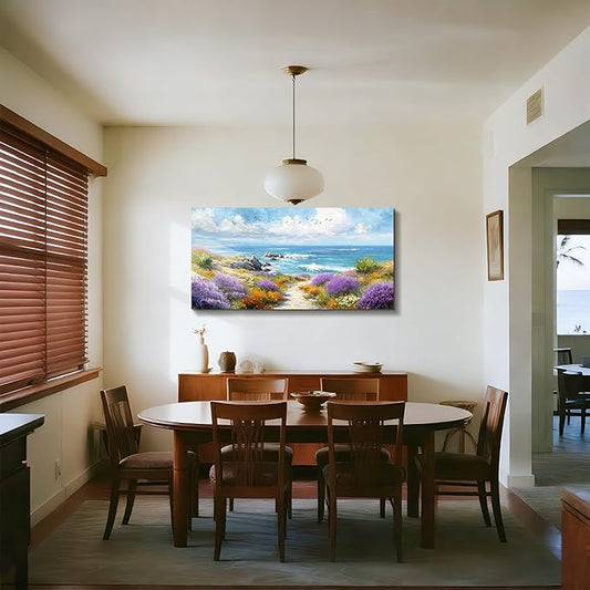 SERIMINO Coastal Wall Art, Landscape Wall Art, Large Wall Decor, Blue Ocean Scene Art Prints, Beach Wildflower Canvas Paintings for Living Room Office Bedroom Bathroom Rustic Farmhouse 24"x48"