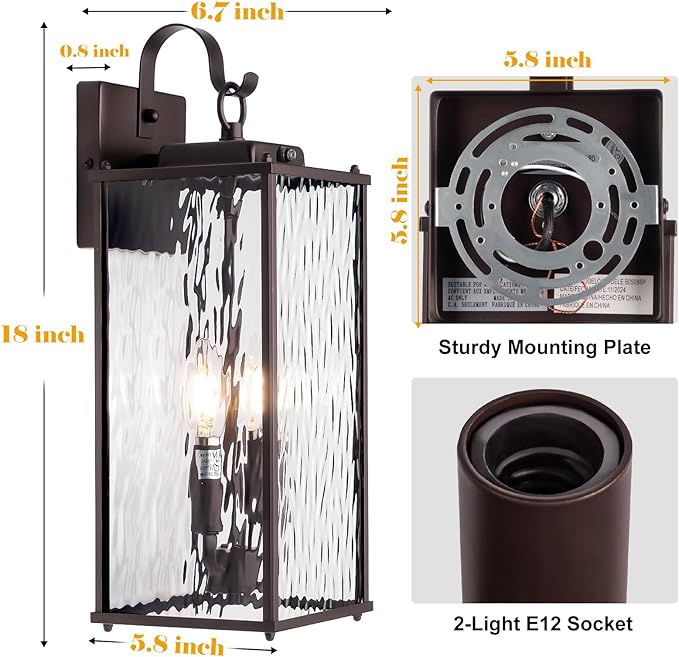 Oil Rubbed Bronze Dusk to Dawn Outdoor Light Fixture 18โ, 2-Light Candelabra Photocell Porch Light with Water Ripple Glass Large Brown Outside Wall Light for House Wall Mounted Lamp, E12