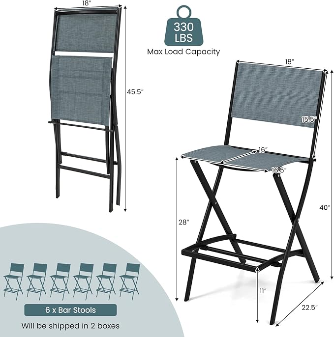 COSTWAY Outdoor Patio Bar Chair Set of 6, Folding Bar Height Stool with Metal Frame & Footrest, Patio Bar Stool for Balcony, Garden & Poolside (6, Blue)