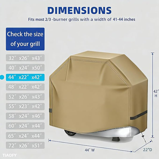 BBQ Gas Grill Cover for Outdoor, Anti-UV, Rip-Proof, 600D Oxford Fade Resistant Material, Barbecue Cover with Hook and Loop Straps & Adjustable Hem Drawstring (Beige, 44”x22”x42”)