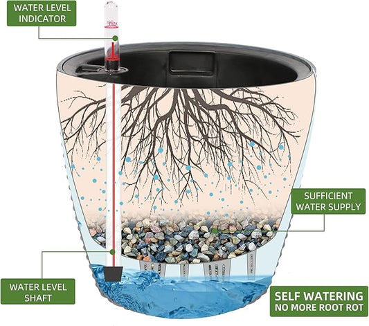 Dexceder 9x8 Inches Rattan Self Watering Planter Indoor Outdoor, Inner Pot Design, Thickened Table Flower Plant Pot with Water Level Indicator (Deep Gray)