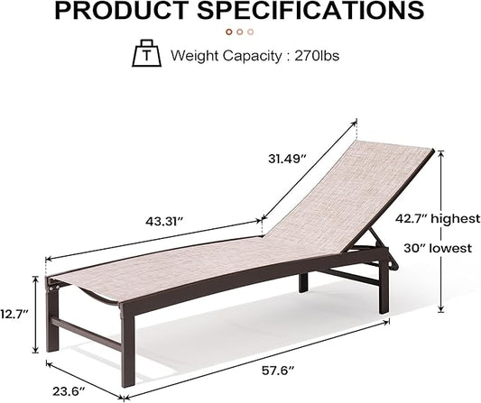 Crestlive Products Lounge Chair Outdoor Set of 2, Aluminum Pool Chaise Lounge Chairs, Adjustable Five-Position Tanning Recliner, All Weather for Patio, Beach, Yard, Pool (Beige)