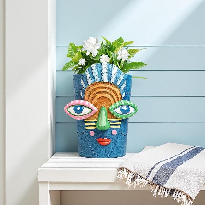 Picasso Abstract Face Flower Pot,Plant Pot with Facial Expressions,Handmade Resin Plant Pot with Drainage Holes,for Indoor and Outdoor Botanical Home décor (Blue Small)