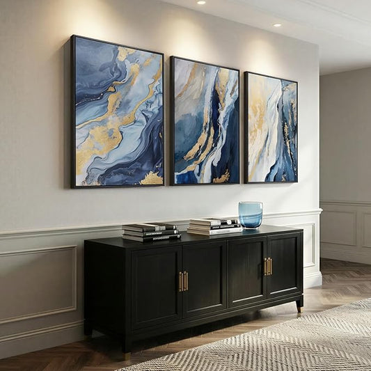 Large Framed Blue and Gold Abstract Wall Art for Living Room, 3 Piece Modern Canvas Prints Paintings Artwork for Walls, Luxury Marble Abstract Pictures for Bedroom Dining Office Wall Decor 24x36 In