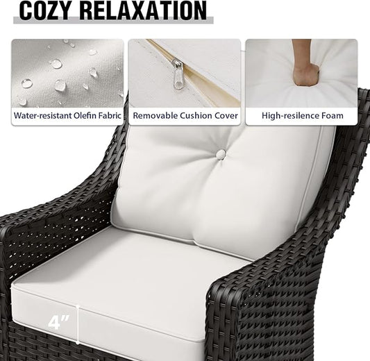 COOS BAY Stone Harbor Patio Bistro Set, 3 Piece Rattan Patio Table and Chairs Set, Wicker Rocking Chairs with Side Table, Small Balcony Furniture Set, Brown/Beige