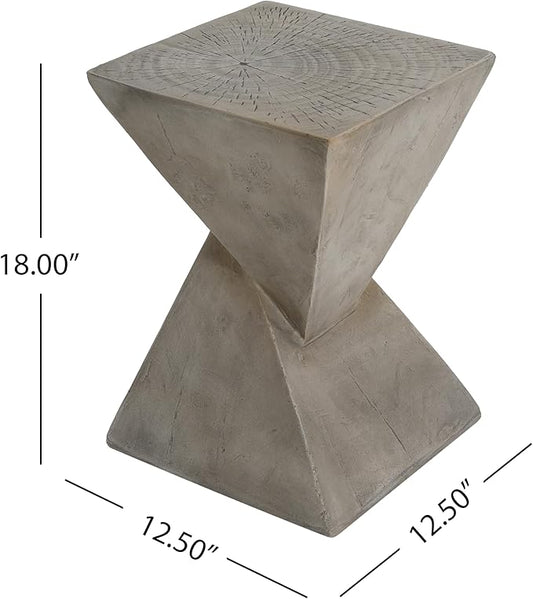 Lightweight Concrete Outdoor Side Table,Hourglass Shape End Table,Wood-Like Texture Modern Small Geometric Accent Tables for Patio Garden Balcony Porch, 12.25" H Light Gray