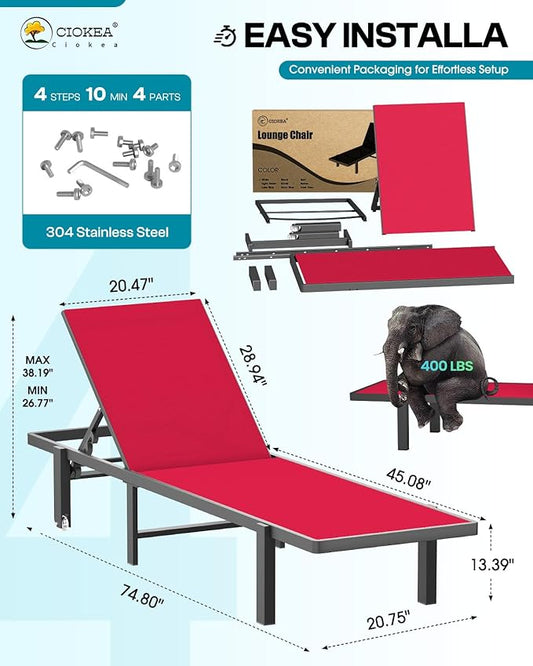 Pool Chaise Lounge Chair Set of 4, Outdoor Lounge Chairs with Wheels, 5-Position Adjustable Sun Loungers for Outside, Deck, Beach, Red