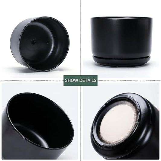 Ton Sin Plant Pots, 4.1+5.1+6.5 inch, Set of 3, Ceramic Planters with Drainage Hole and Saucer, Indoor Flower Pot Gifts for Mom(Matte Black)