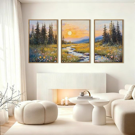 IARTTOP Extra Large Mountain Landscape Wall Art Framed 24x36 Inch Abstract Forest Canvas Wall Decor Sunset Nature Scenery Artwork for Living Room Bedroom Set of 3