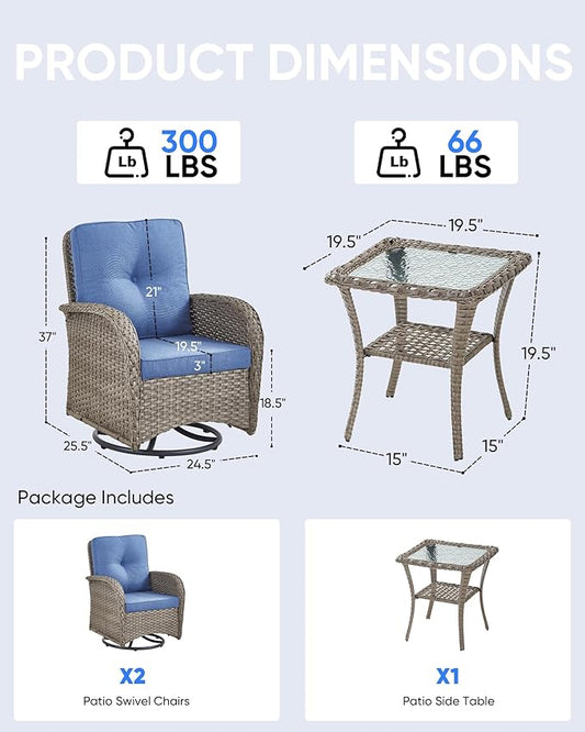 3 Pieces Patio Bistro Set Outdoor Swivel Rocker Patio Chairs with Side Table Patio Furniture for Deck Porch Garden Balcony Poolside
