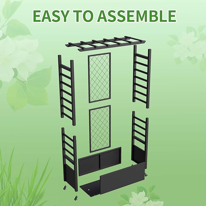 74" Mobile Planter with Trellis,Weatherproof Vertical Raise Garden Bed with Trellis & Hanging Roof for Climbing Plants,Flowers,Vegetables,Rust-Proof Metal Privacy Planter for Patio (Black-A)