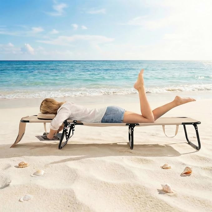 GYMAX Tanning Chair, Folding Lounge Chairs with Face Hole & Cover, Removable Pillow Carry Handle, Portable Compact Outdoor Layout Recliner for Beach, Poolside, Lawn, Patio, Camping (Sand,2)
