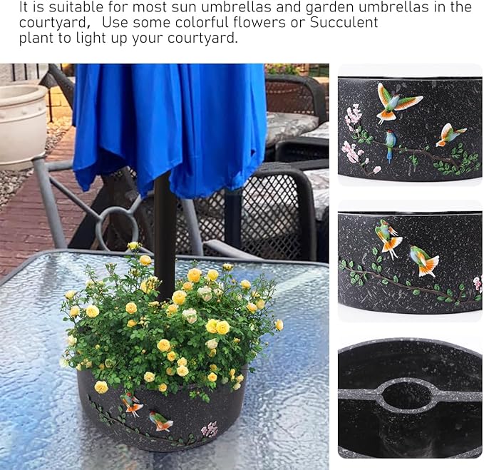 Patio Umbrella Planter 2 pcs Wrap Around Umbrella Planter with Umbrella Hole Half Round Flower Pot Black Outdoors with Drainage Holes(11.41 * 11.41 * 4.72inch) On Patio Table