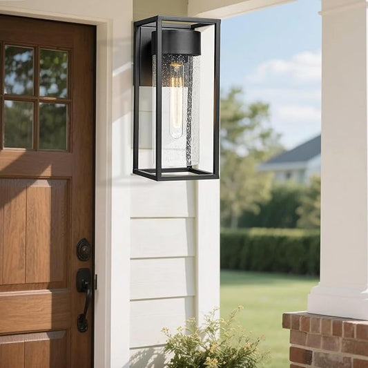 Bestshared Outdoor Modern Wall Light, Exterior Wall Mount Lights, Outdoor Lighting Fixture, Porch Sconce Light with Seeded Glass, Lantern Lamp for Patio, Entryway,Garage (Black, 13" H)