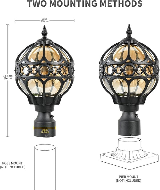 Dusk to Dawn Soccer Ball Outdoor Post Light for Lawn Porch Yard Driveway, Black Outside Globe Lamp Post Light, 3" Pier Mount Sphere Lantern Lighting, Exterior Pole Post Light(2 Pack)