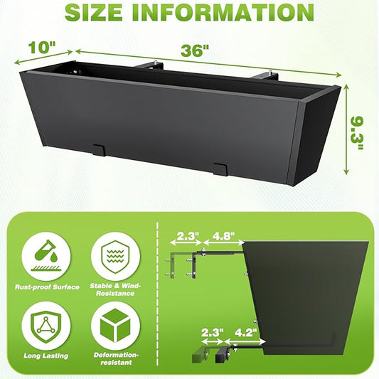 Railing Planter for Outdoor Plants 36 Inch Metal Hanging Planters Pots with Adjustable Brackets and Drainage Railing Planter Boxes Hanging Flower Pots for Balcony Deck Railings Apartment Patio Decor