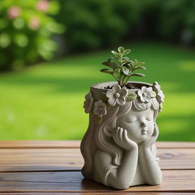 1Pc Cute Girl Resin Casting Mold 3D Flower Crown Head Silicone Mold for Epoxy Succulents Planter Pen Holder Candle Making Concrete DIY Craft Home Decor Handmade Gifts Easy Demold