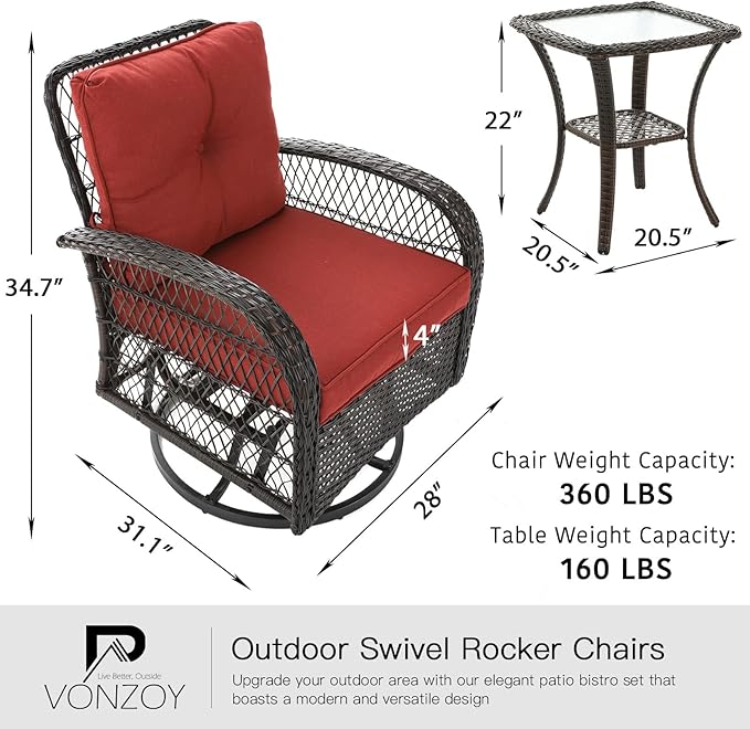 3 Pieces Patio Furniture Set, Outdoor Swivel Glider Rocker, Wicker Patio Bistro Set with Rocking Chair, Thickened Cushions and Table for Porch (Red)