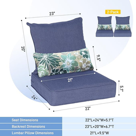 Aoodor Outdoor Chair Cushion, 22 x 24 Inch Water-Resistant, Fade-Resistant Olefin Frbric Patio Seat Cushions with Removable Cover and Adjustable Straps for Outdoor Furniture, Set of 2, Navy Blue
