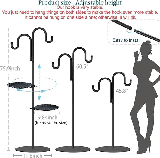 Upgraded 74" Shepherd's Hook Stand plant,Bird Feeder,Wind Chime Hanger Stand, Waterproof Metal & Adjustable-Height Standing Pole Holder for Lantern and Wreath, Indoor & Outdoor(2 Placement Racks)